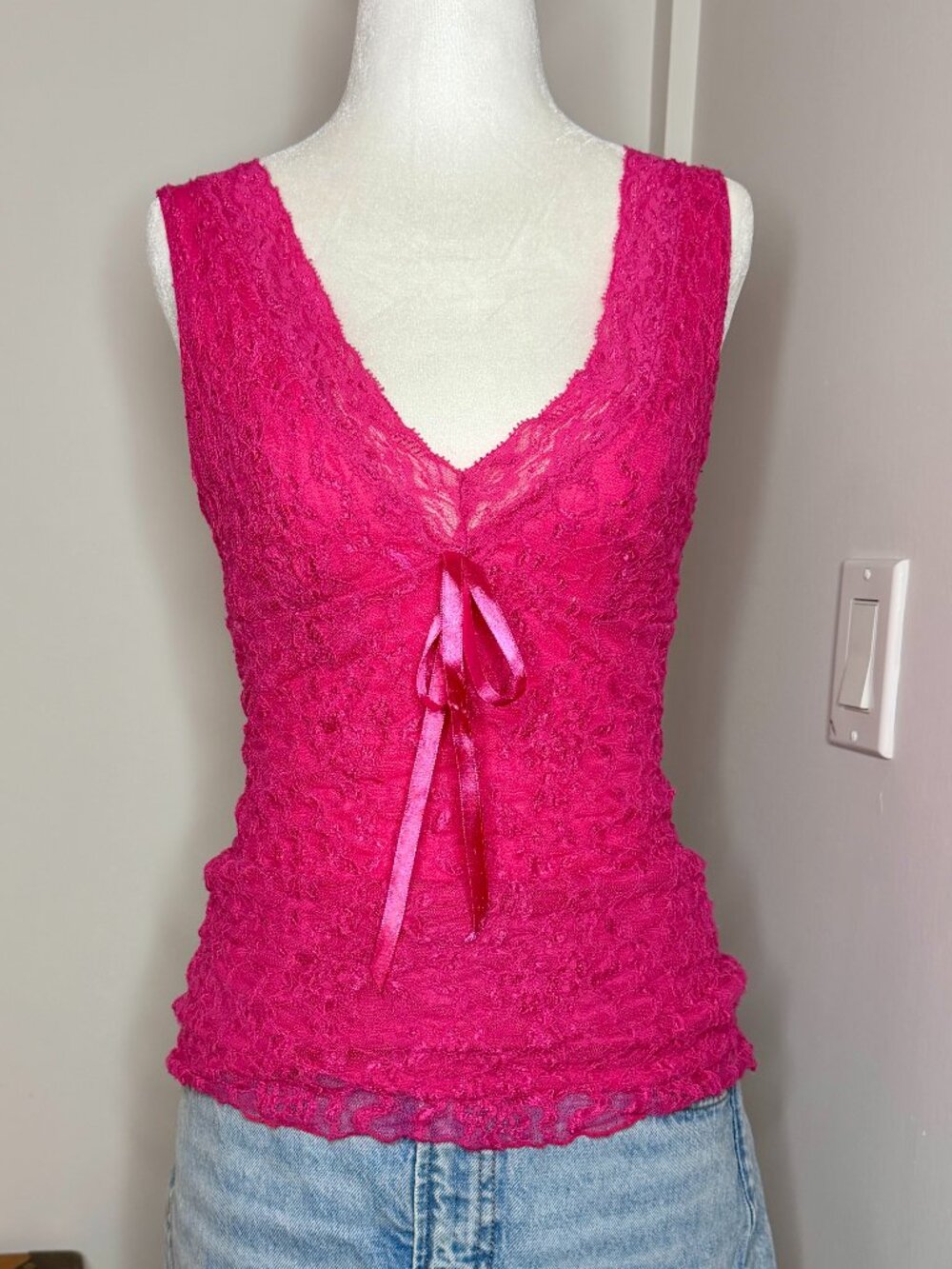 🎀 Vintage Majora Y2K Hot Pink Lace Satin Bow Coquette Top M